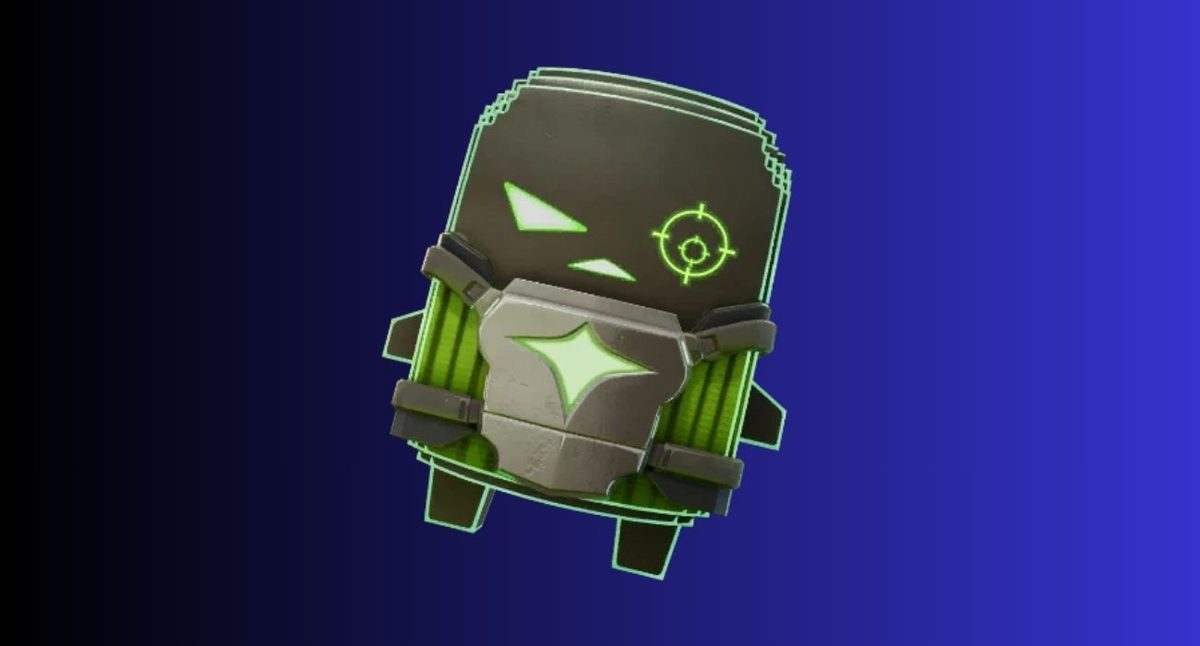 Fortnite sprites: All types, variants, and abilities – iGeeksBlog Futuristic green-and-gray backpack with padded straps and a glowing green emblem on a blue gradient background.