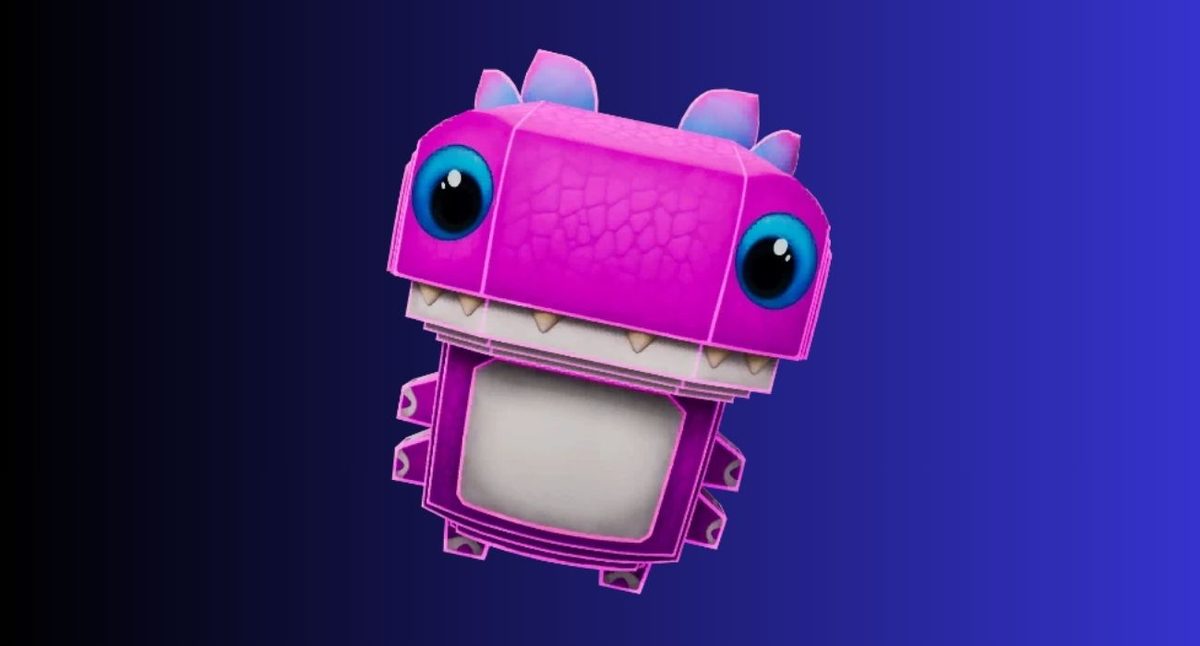 Fortnite sprites: All types, variants, and abilities – iGeeksBlog Cartoon pink dinosaur toy with large blue eyes and a retro TV screen for a body on a dark blue gradient background.