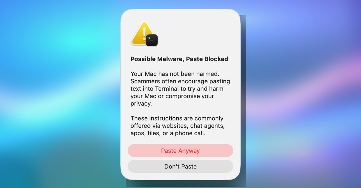 macOS Terminal possible malware paste blocked alert centered on a macOS-style wallpaper background