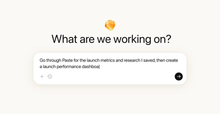 Hero with the heading 'What are we working on?' and a rounded white task card showing a sample action about launching metrics and a dashboard, with a right-side arrow button.