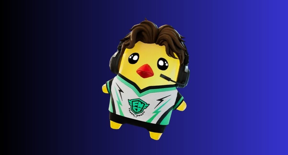 Fortnite sprites: All types, variants, and abilities – iGeeksBlog Cartoon yellow duck esports mascot wearing a headset and teal‑white jersey against a blue gradient background