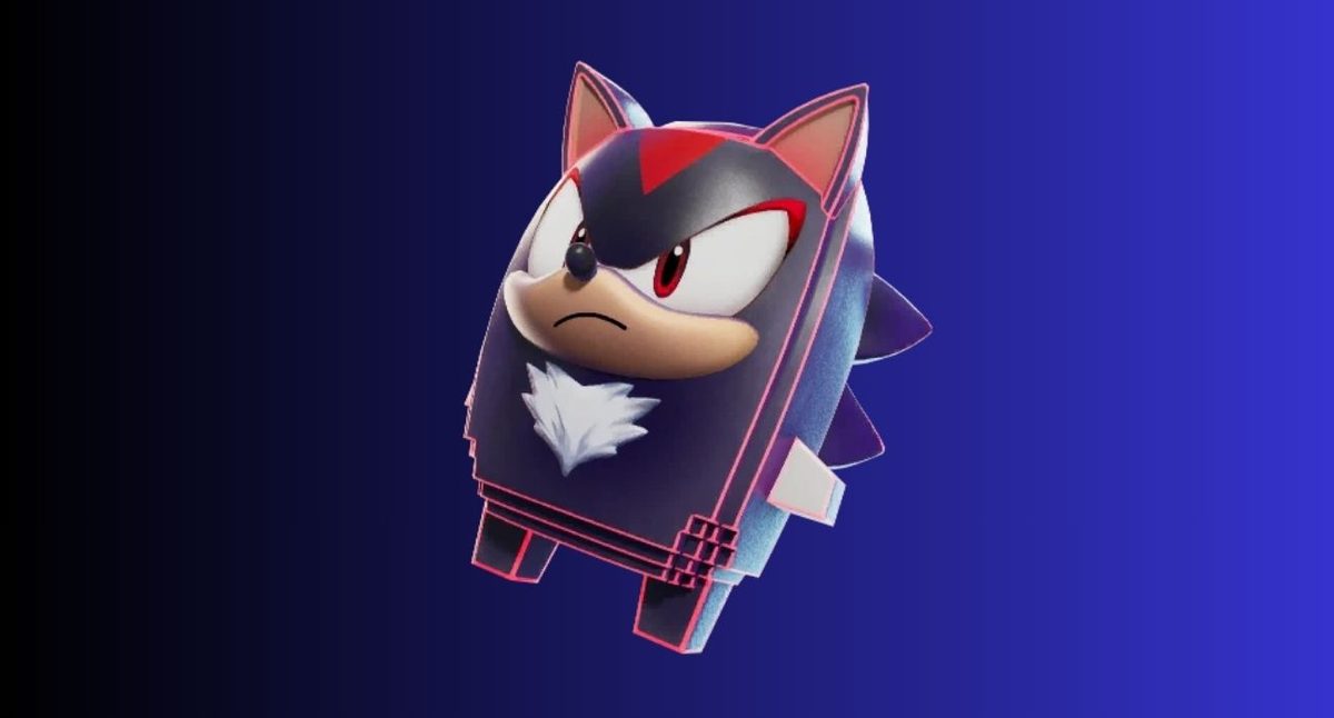 Fortnite sprites: All types, variants, and abilities – iGeeksBlog Voxel-style Shadow the Hedgehog backpack floating against a blue gradient background, red and black with white chest fur.