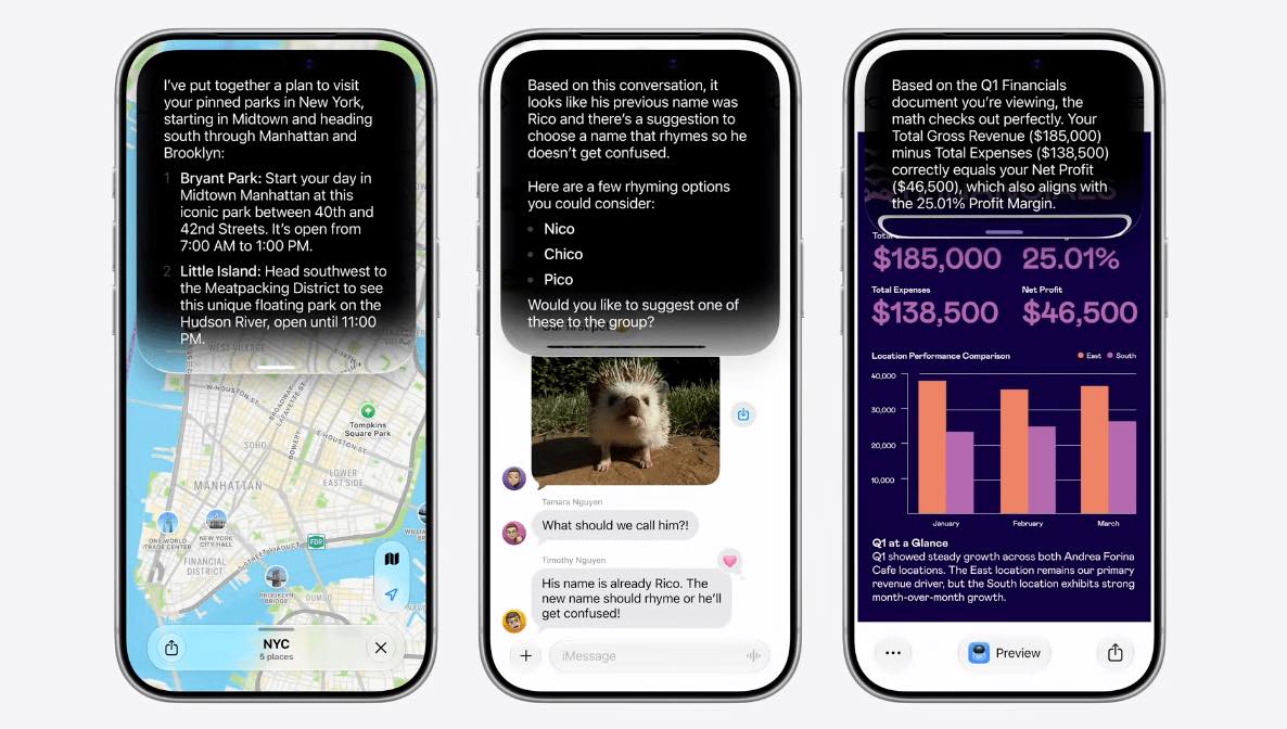 Three iPhones showing Siri AI handling maps, messages, and document analysis