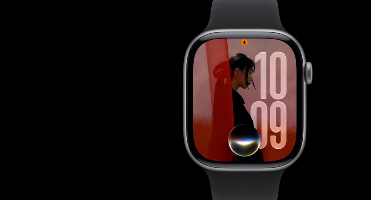 Apple Watch showing Siri AI with Liquid Glass time numerals