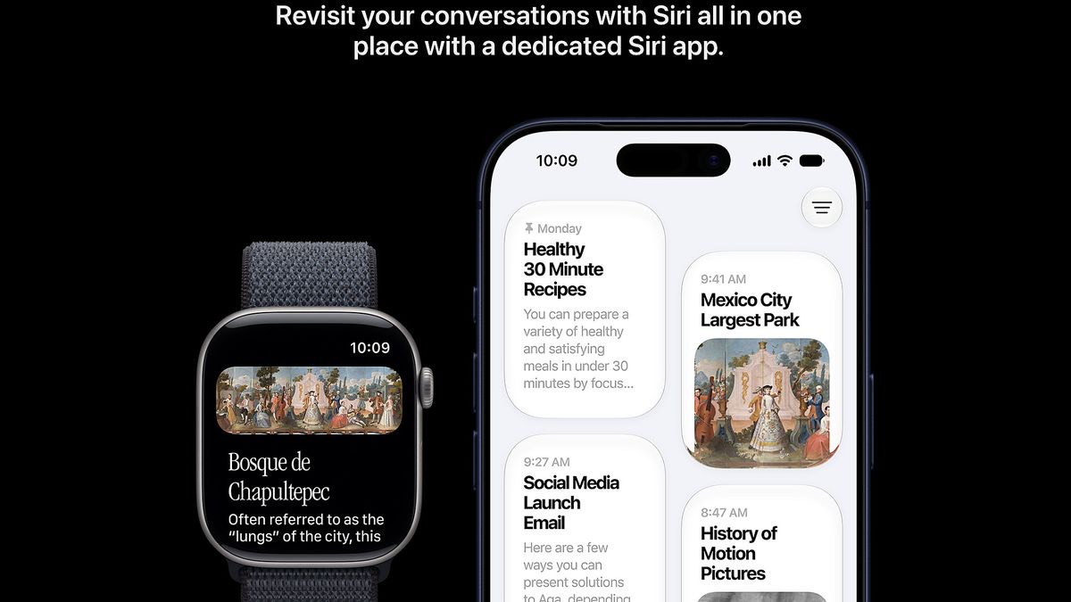 iPhone and Apple Watch showing a continuous Siri AI conversation