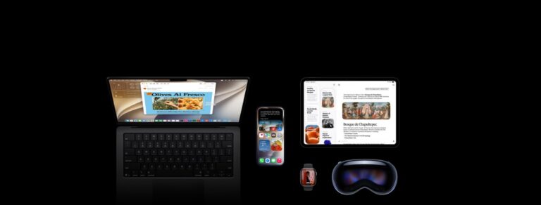 Apple devices showing new software features across iPhone, Mac, iPad, Apple Watch, and Vision Pro