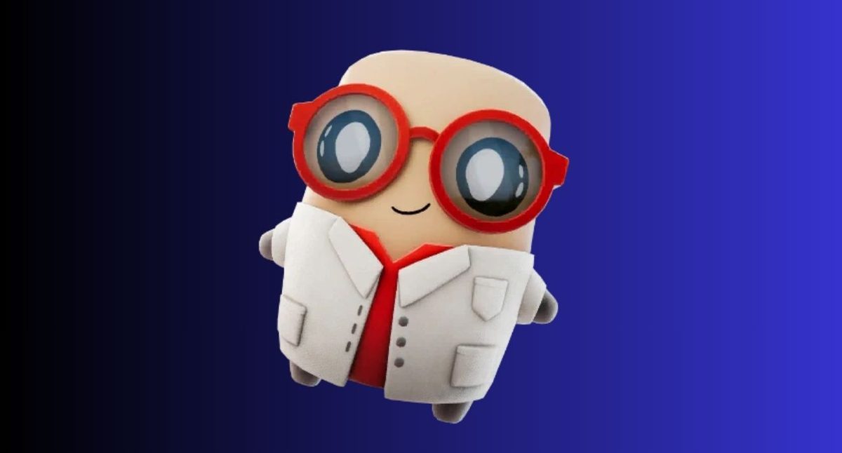 Fortnite sprites: All types, variants, and abilities – iGeeksBlog Cute science mascot wearing a white lab coat and oversized red glasses, smiling against a blue gradient background.