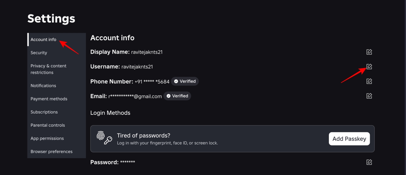Accessing the username settings and entering a new username