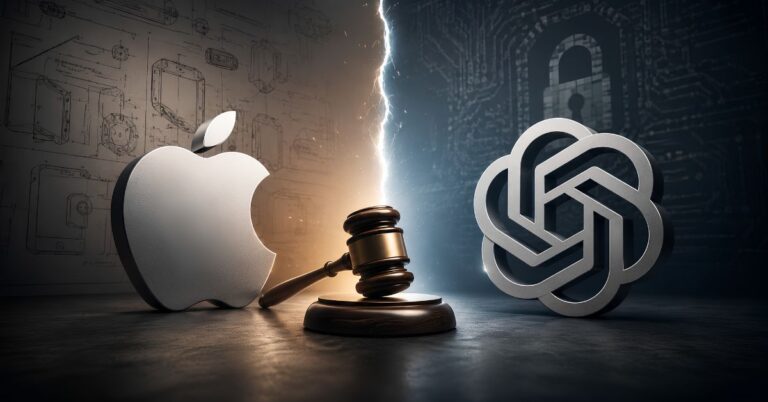 Apple logo facing a judge's gavel with a complex knot emblem on the other side, split by a glowing line; background shows blueprints on the left and circuitry with a lock on the right, signaling a tech/legal clash.