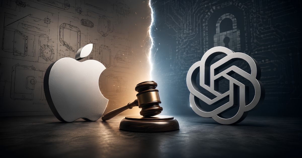 Apple logo facing a judge's gavel with a complex knot emblem on the other side, split by a glowing line; background shows blueprints on the left and circuitry with a lock on the right, signaling a tech/legal clash.