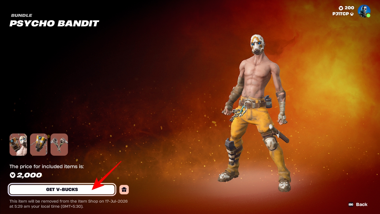 Click Purchase button to get Psycho bandit bundle fortnite
