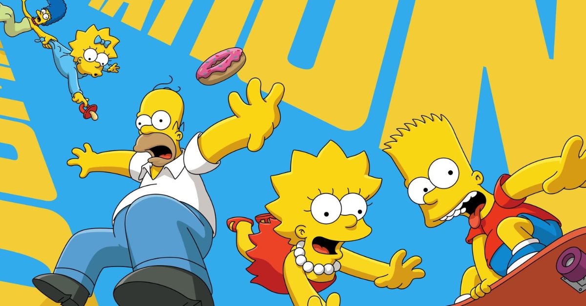 Bart, Lisa, and Homer Simpson skate and leap toward the viewer in a bright blue and yellow backdrop, a donut flying nearby.