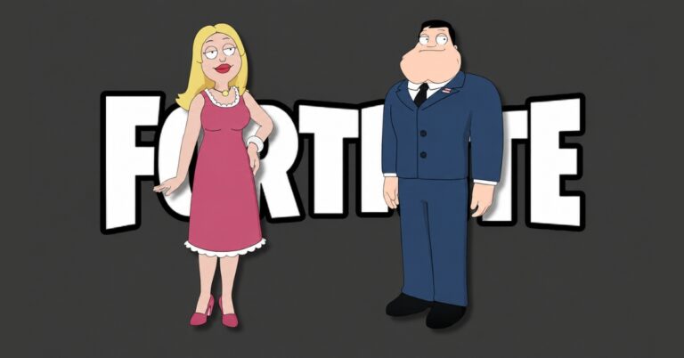 Cartoon woman in a pink dress and pearls and a man in a blue suit stand before the word 'FORTUNE' on a dark background.
