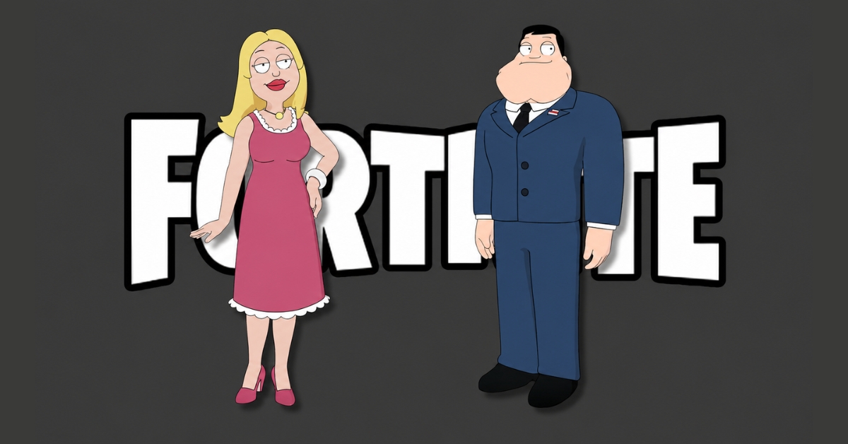 Cartoon woman in a pink dress and pearls and a man in a blue suit stand before the word 'FORTUNE' on a dark background.