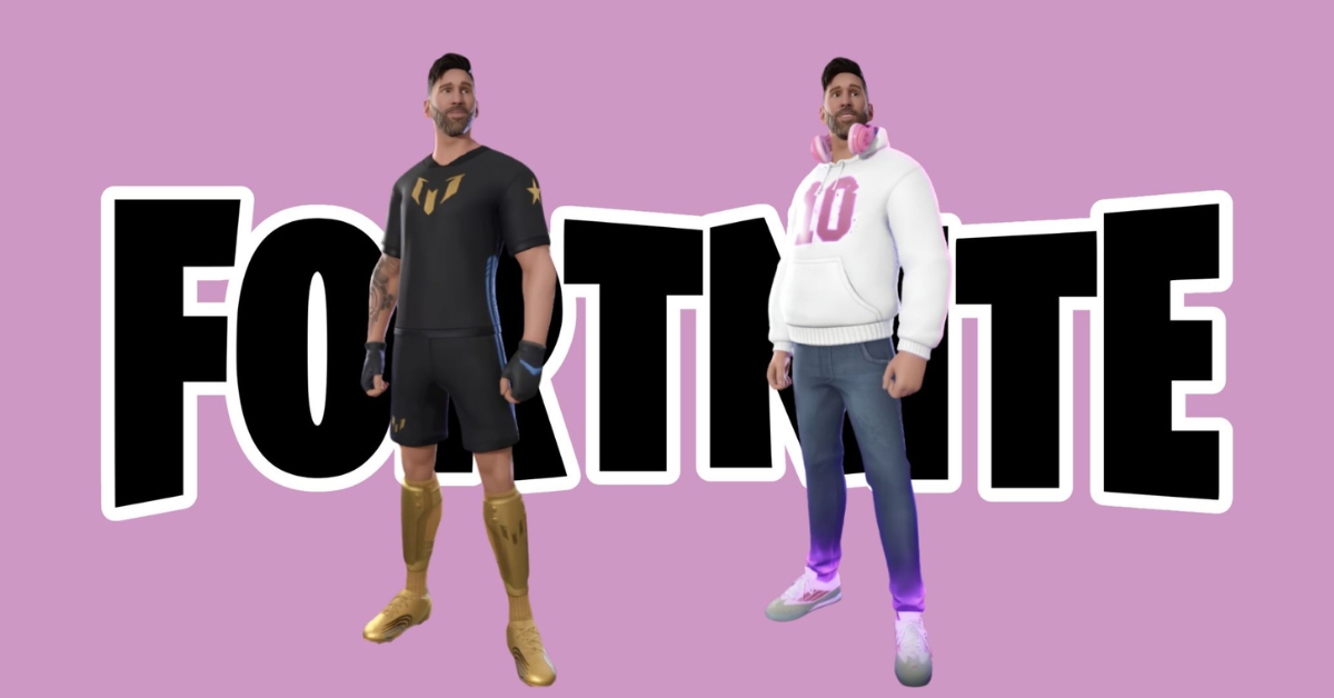Fortnite logo in bold black letters on a purple background with two 3D game characters standing in front: a fighter in black with gold shin guards on the left and a casual hoodie-wearing character with pink headphones on the right.