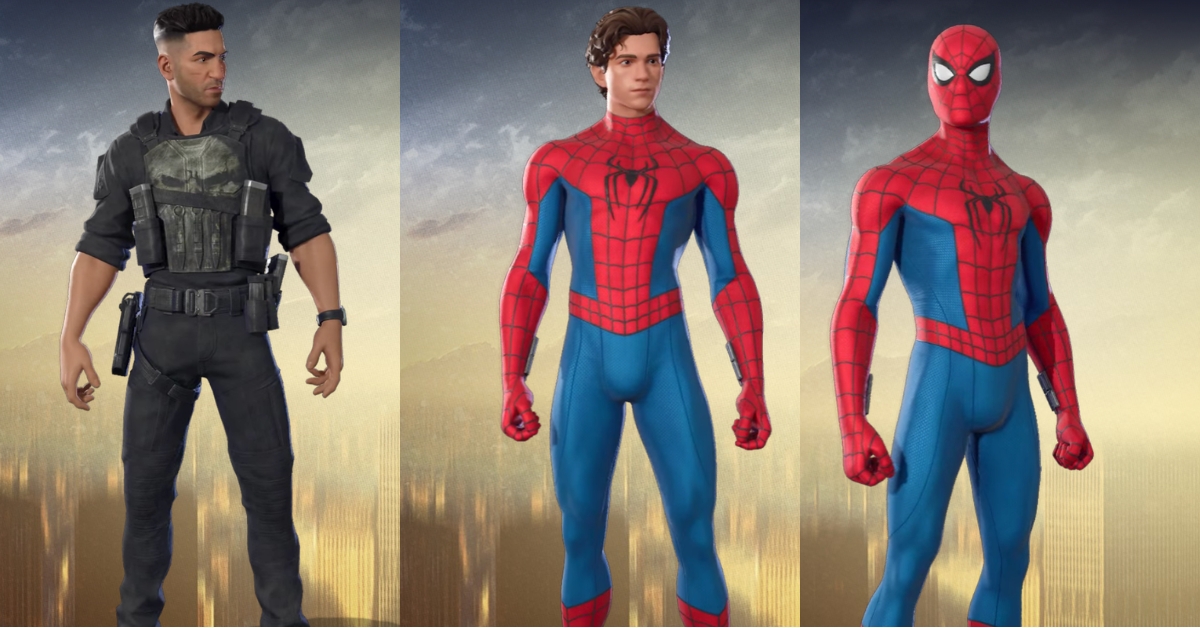Three action figures: a militaristic man in tactical gear on the left, and two Spider-Man figures in red-blue suits in the center and right.