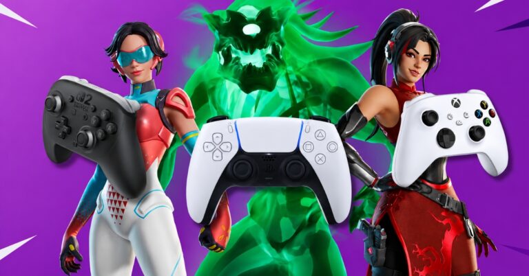 Three stylized gamers pose with large controllers in front of a glowing green figure on a purple background.