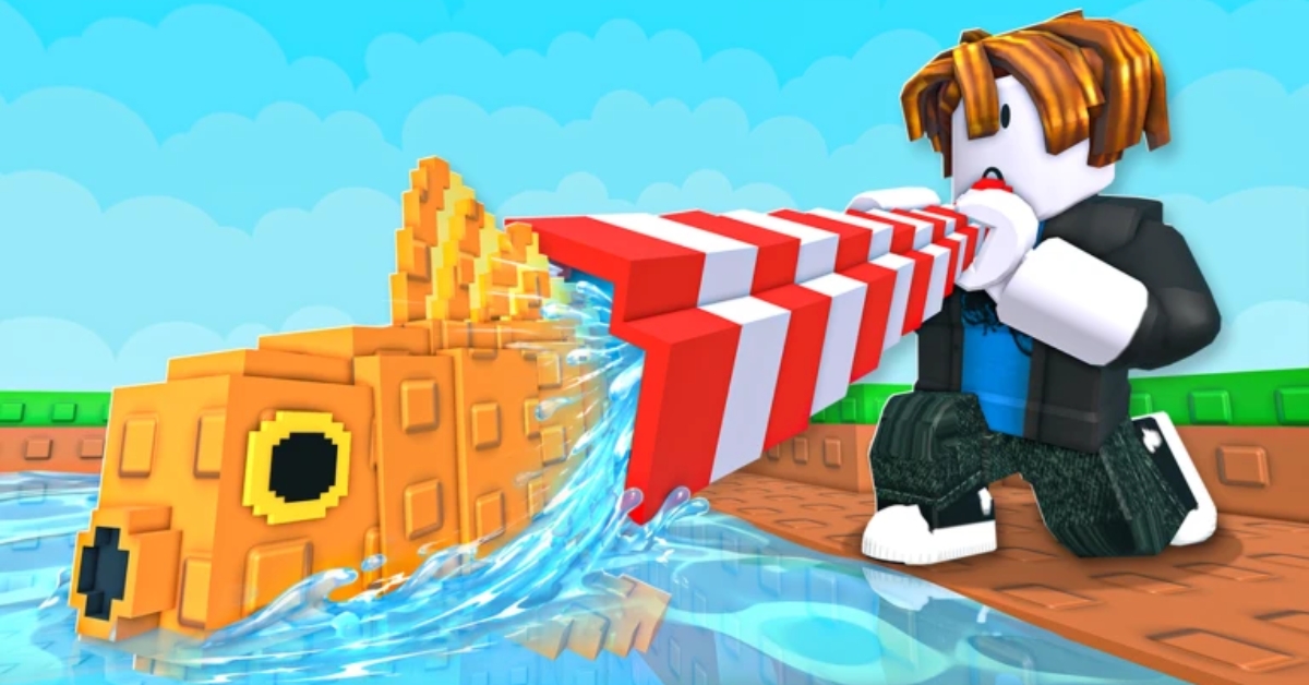 Roblox-style character bites a large red-and-white striped object as an orange blocky fish-like creature splashes in water nearby.