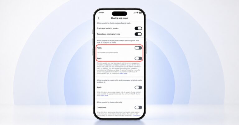 iPhone on a white surface showing the Instagram Sharing and reuse settings, with toggles for Posts and Reels.