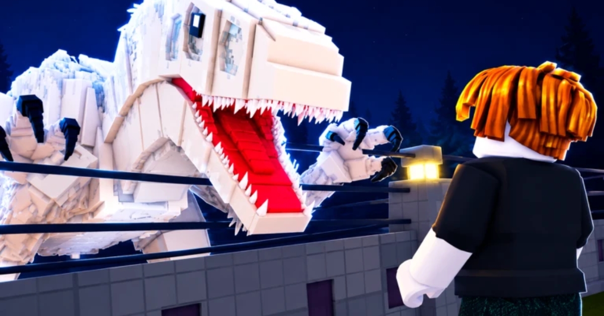 LEGO figure with orange hair facing a large white dragon with an open red mouth in a boxing-ring like arena at night.