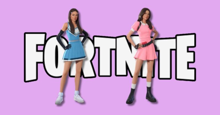 Fortnite logo with two female character skins in blue and pink outfits standing in front of a purple background