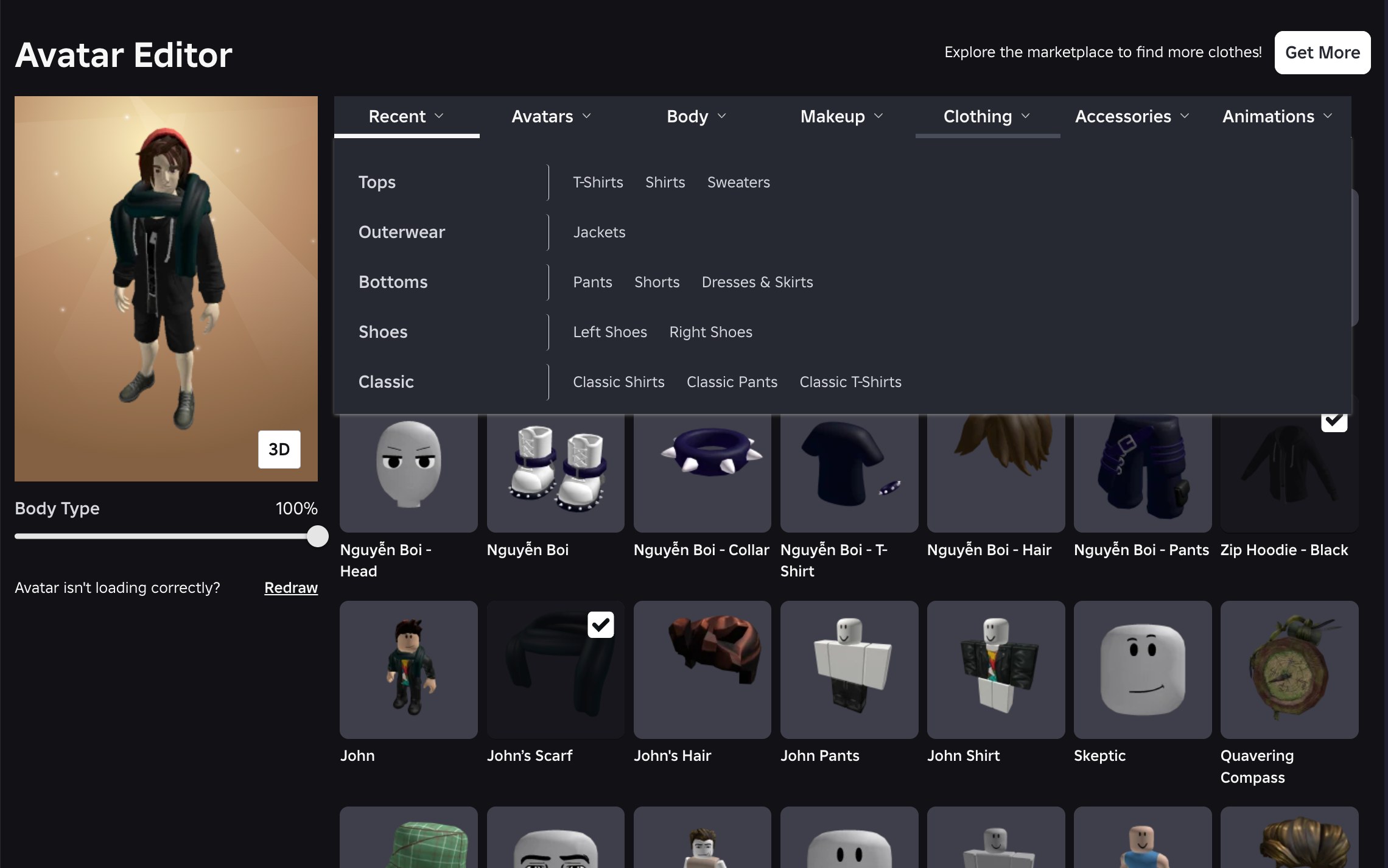 Open a category such as Clothing, Accessories in Avatar