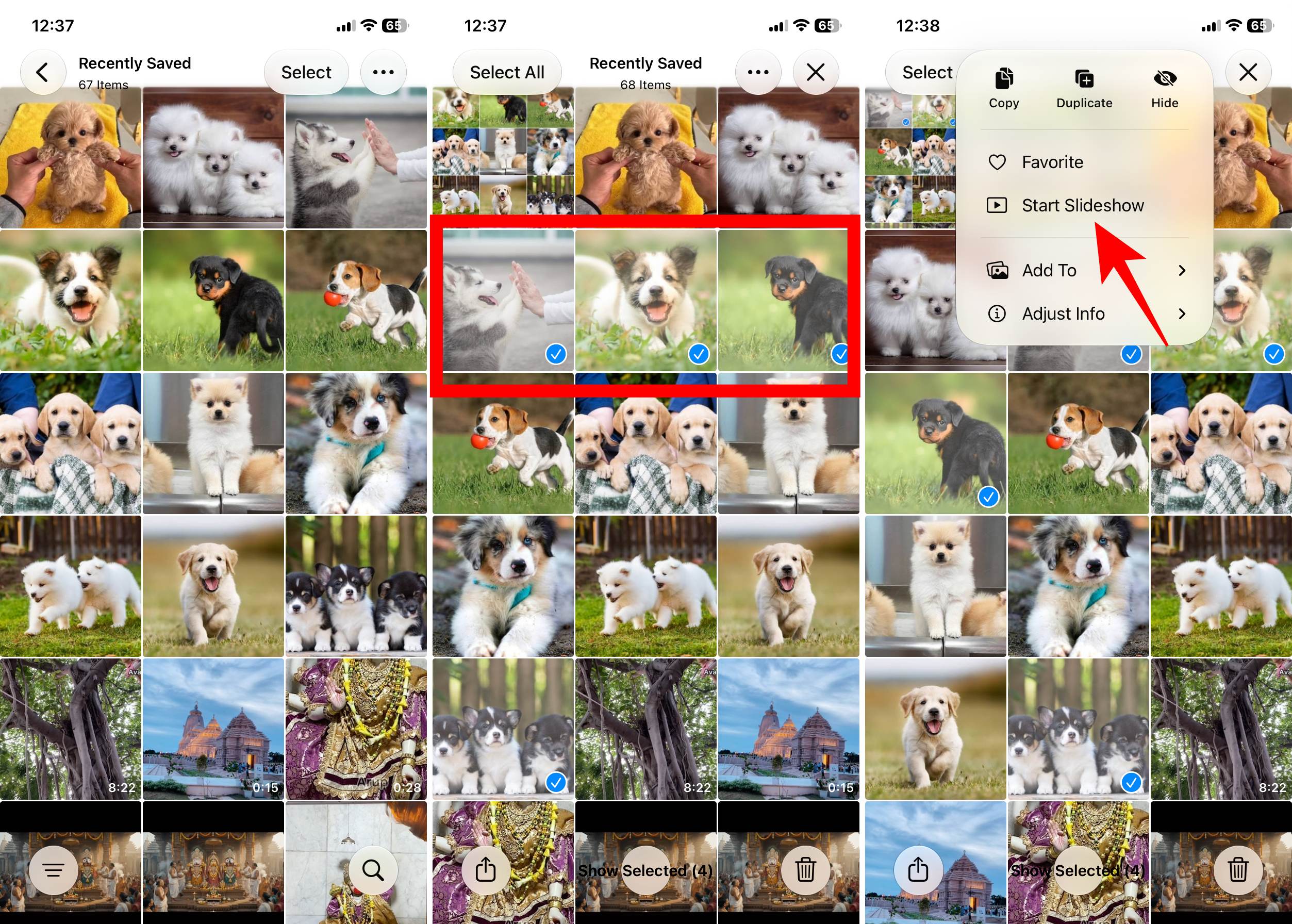 Open the Photos app choose the images and Start Slideshow