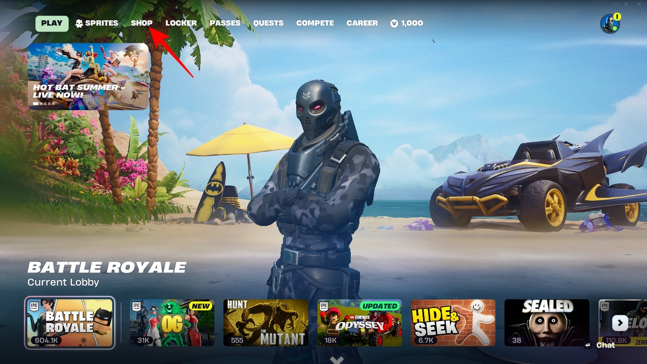 Opening the Fortnite Shop tab from the main menu