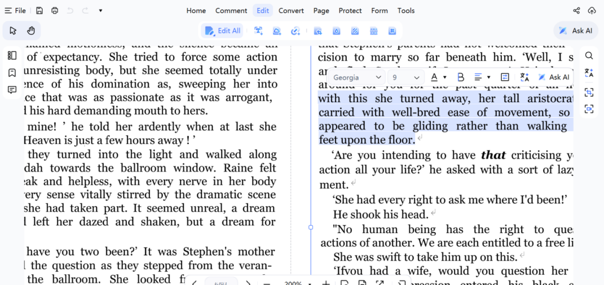 Two-page document view: left page full paragraph text and right page with a blue highlighted block of text, editing toolbar visible