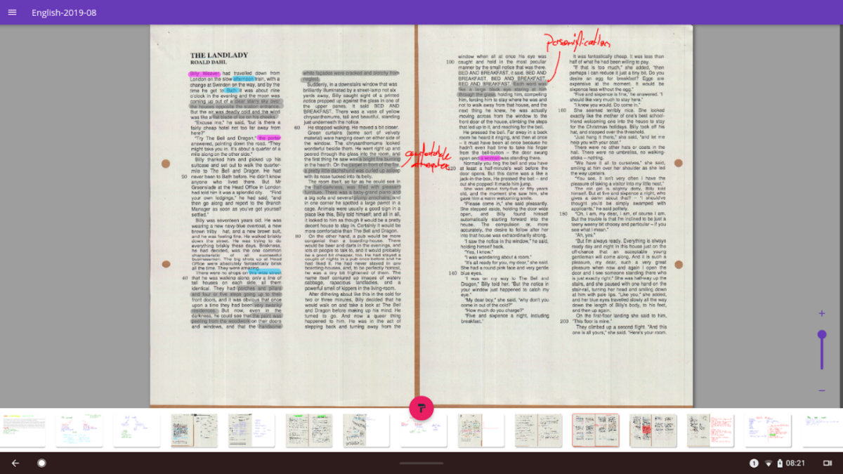 Double-page scanned article spread titled 'The Landlady' by Roald Dahl, with red handwritten edits and a pink center annotation.