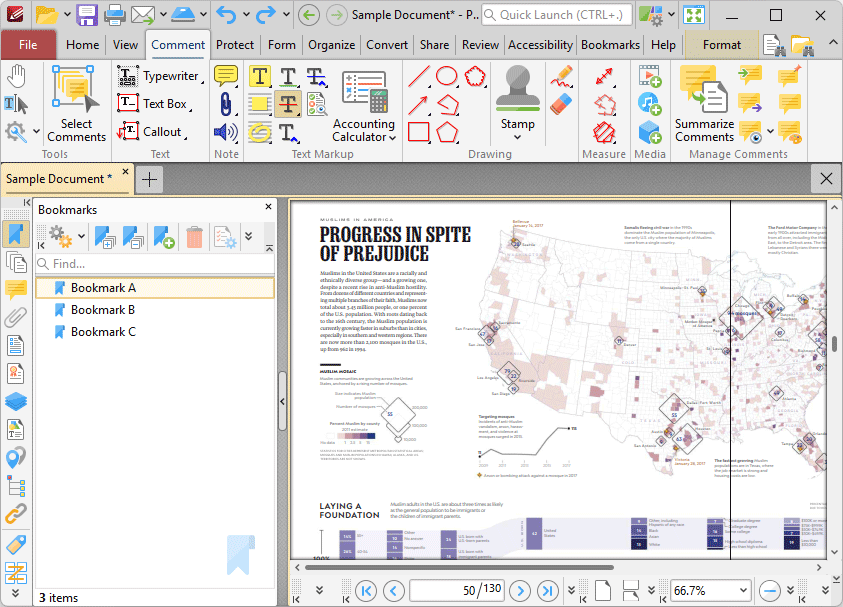 Screenshot of a document editor showing a two-page spread about 'Progress in Spite of Prejudice' with a map, and a bookmarks panel on the left.