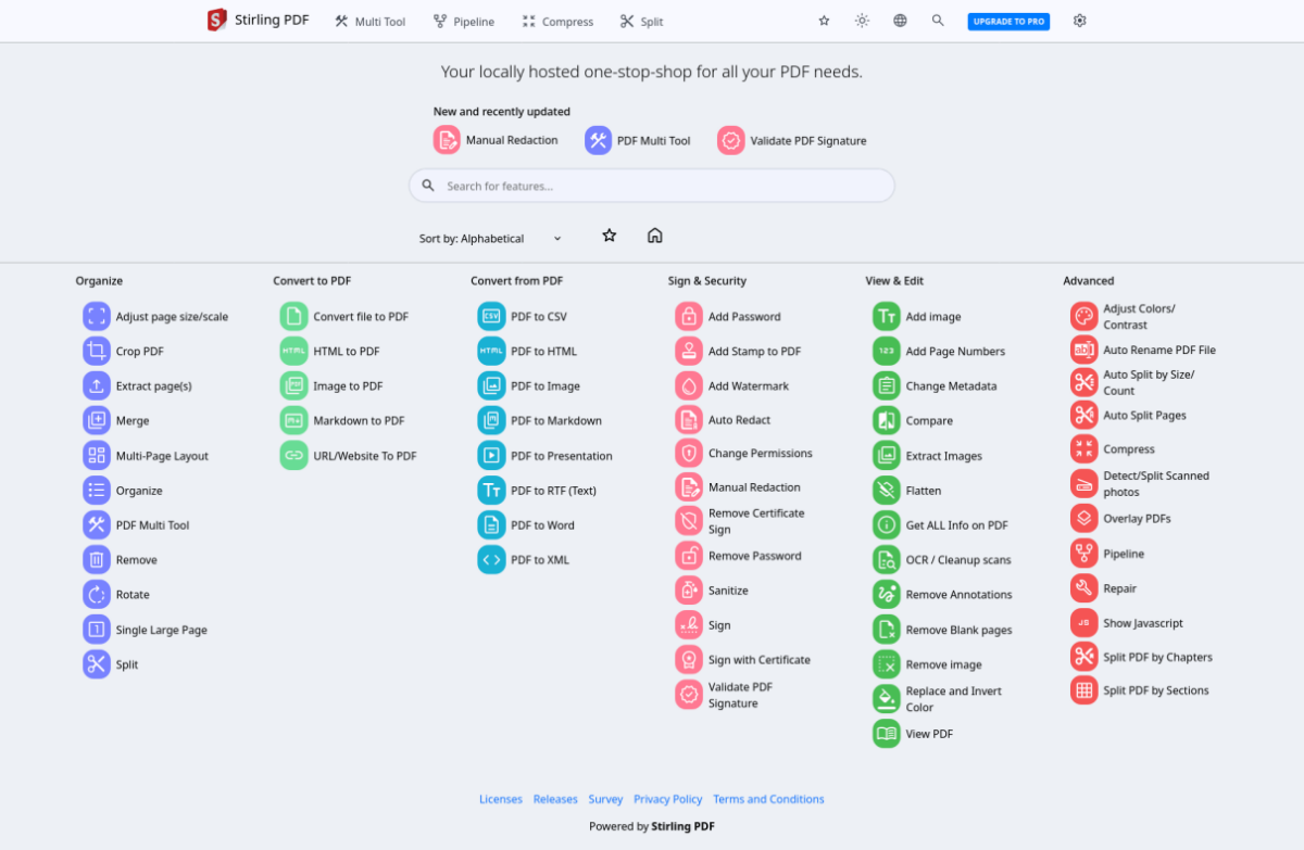 Stirling PDF dashboard with top navigation, search bar, and six tool categories represented by colored icons.