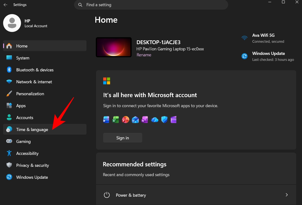 Select Time & language in settings