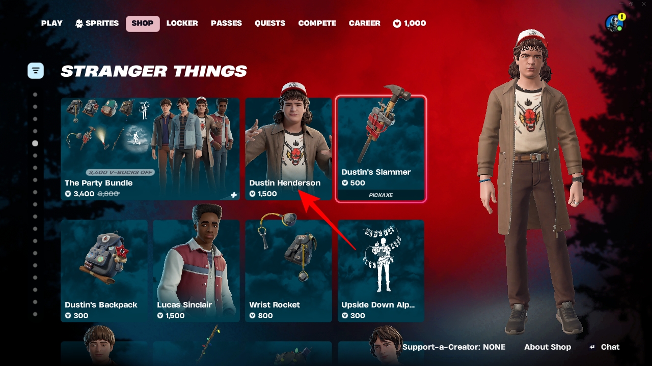 Selecting a Stranger Things skin in Fortnite.