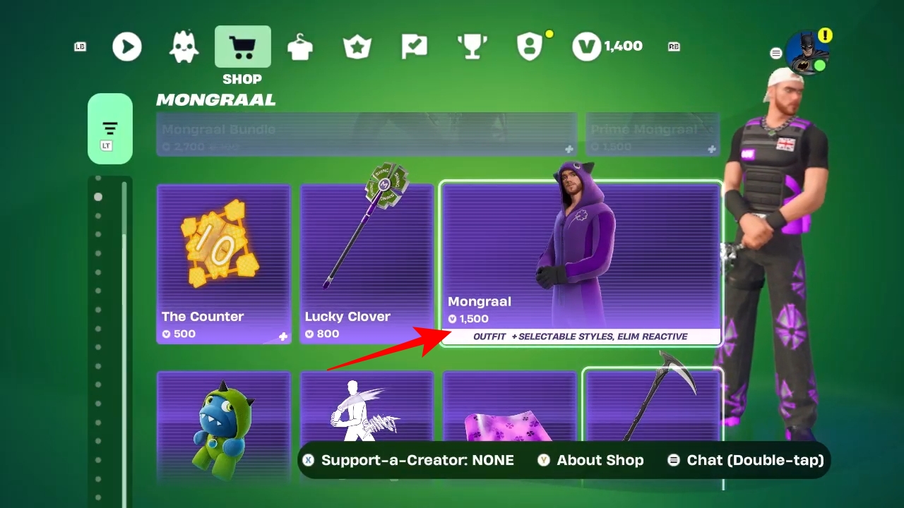 Selecting the Mongraal skin in the Fortnite Item Shop
