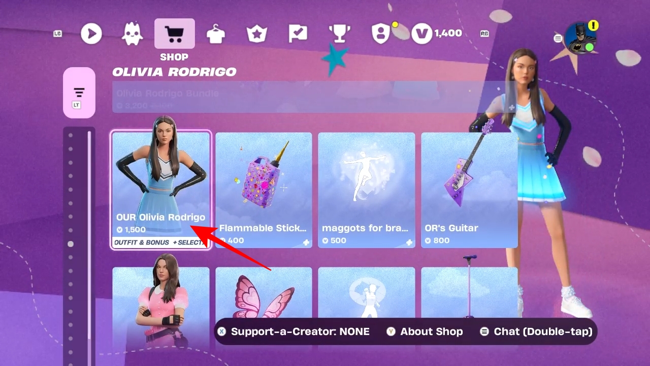 Selecting the Olivia Rodrigo skin in the Fortnite Item Shop