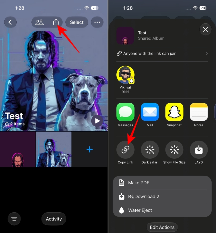 Sharing a Shared Album invite link on iPhone