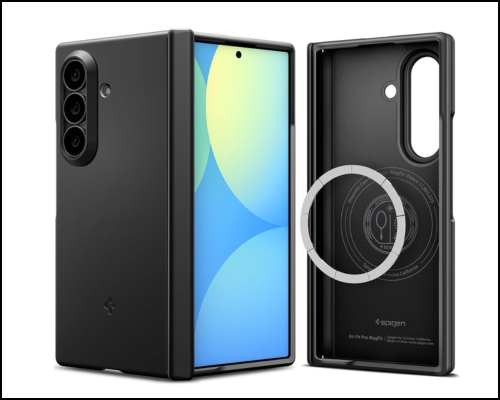 Black foldable smartphone with a protective case shown from front and back; triple-camera module on rear.