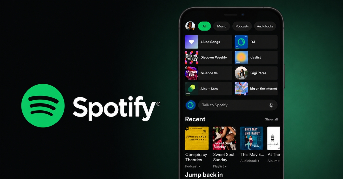 Spotify logo with a green circle and white wordmark on the left, and a dark-mode iPhone screen displaying the Spotify app with playlists and a 'Recent' row on the right.