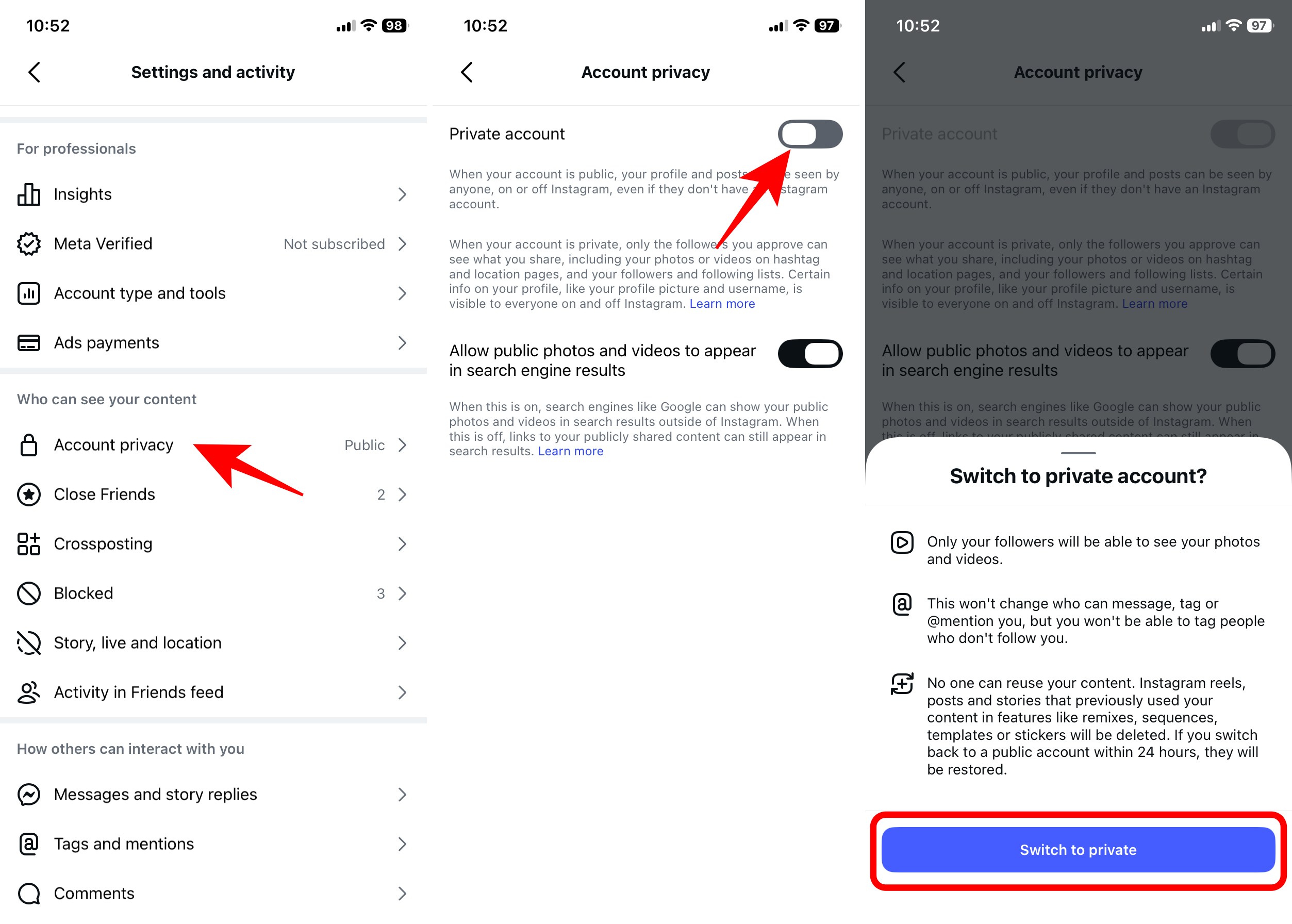 Switch your account to private in Instagram