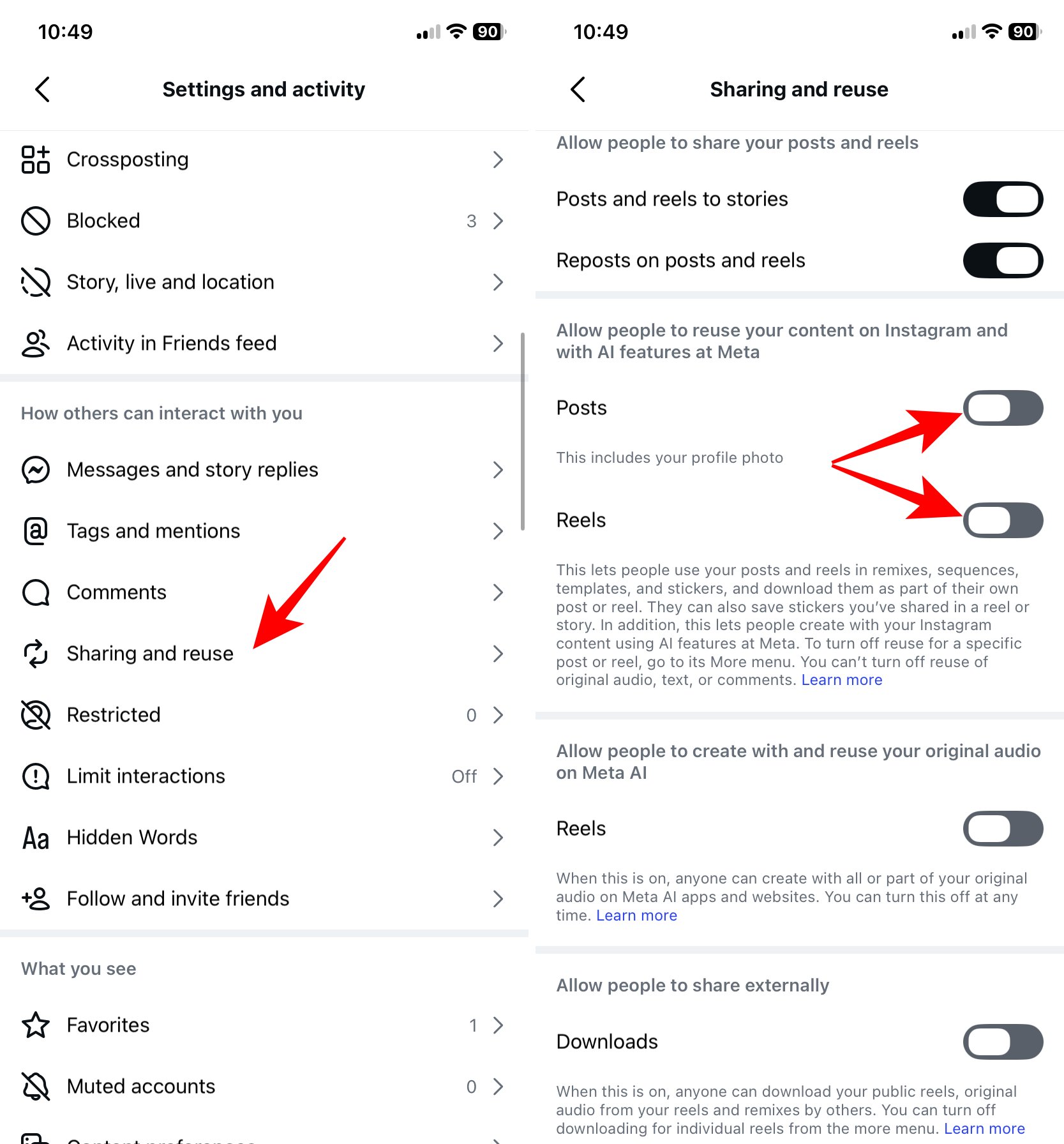 Toggle off Post and Reels under the Allow people to reuse your content on Instagram with AI features at Meta