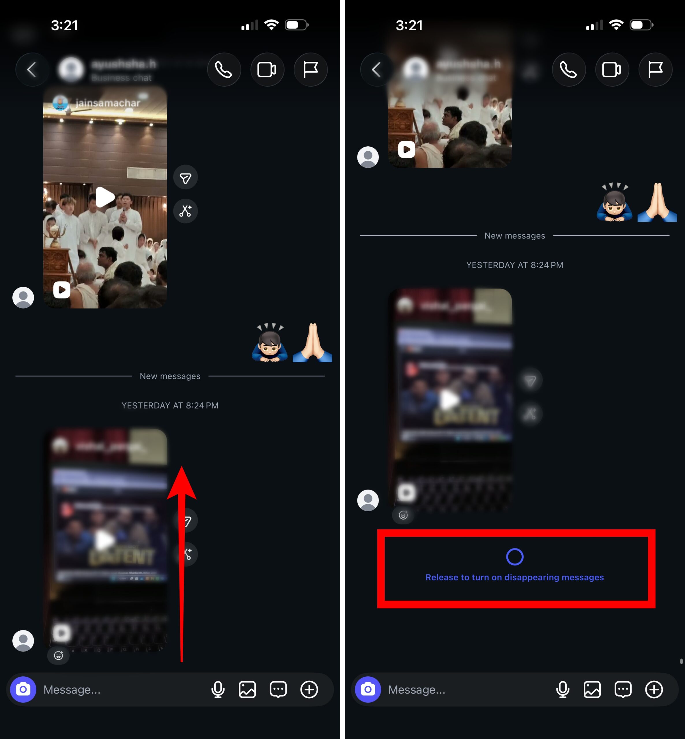 Turn off Disappearing Messages By Swipe up