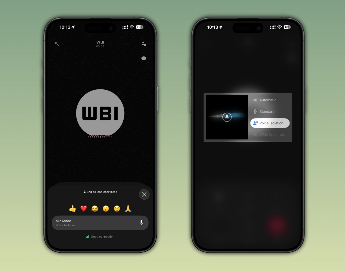 Two iPhone screens displaying a dark app: left shows a large WBI logo with a mic mode panel at the bottom; right shows a settings panel with Voice Isolation option highlighted and other modes listed (Automatic, Standard, Wide Spectrum).