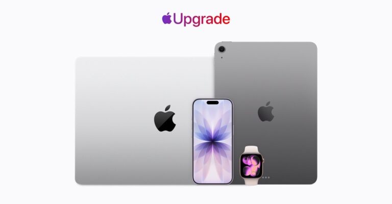 Apple Upgrade logo above an iPhone, Apple Watch, MacBook, and iPad