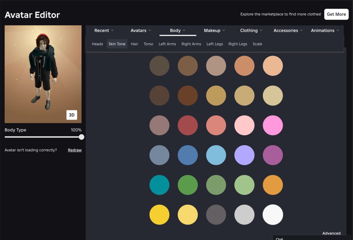 change skin tone body and animations in Roblox