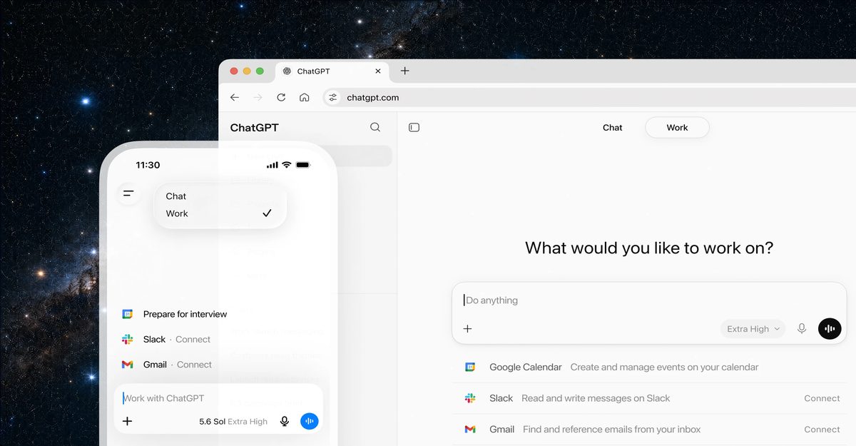 ChatGPT Work shown on desktop and mobile with calendar, Slack, and Gmail context