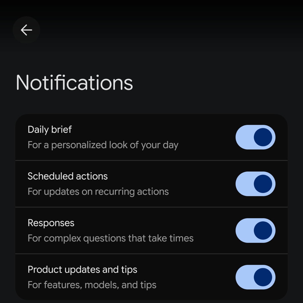 Gemini Android notification controls for Daily Brief, scheduled actions, responses, and product tips