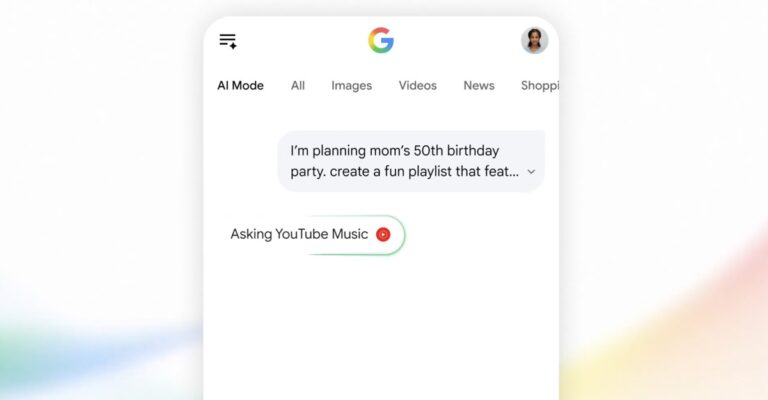 Google Search AI Mode connecting to YouTube Music to create a playlist