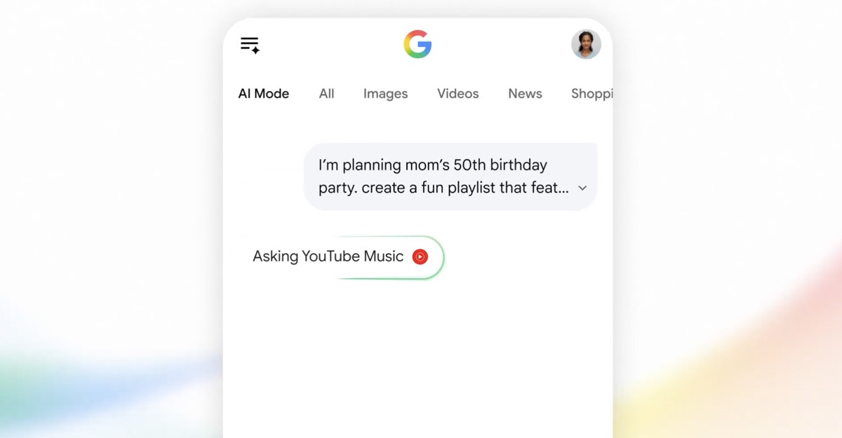 Google Search AI Mode connecting to YouTube Music to create a playlist