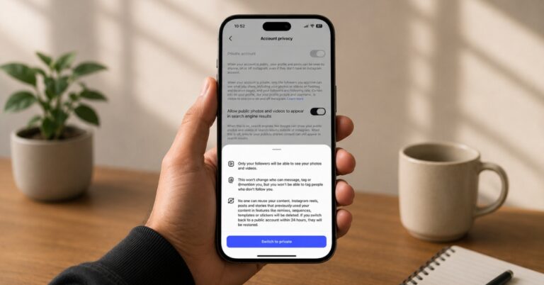 Person holds a smartphone displaying an 'Account privacy' settings screen over a wooden desk with a potted plant nearby.